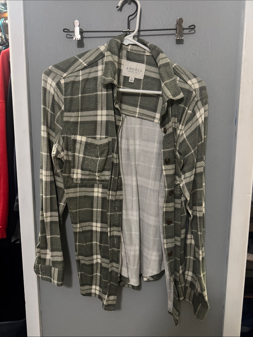 Angels Olive Green and Cream Plaid Button-Down Shirt